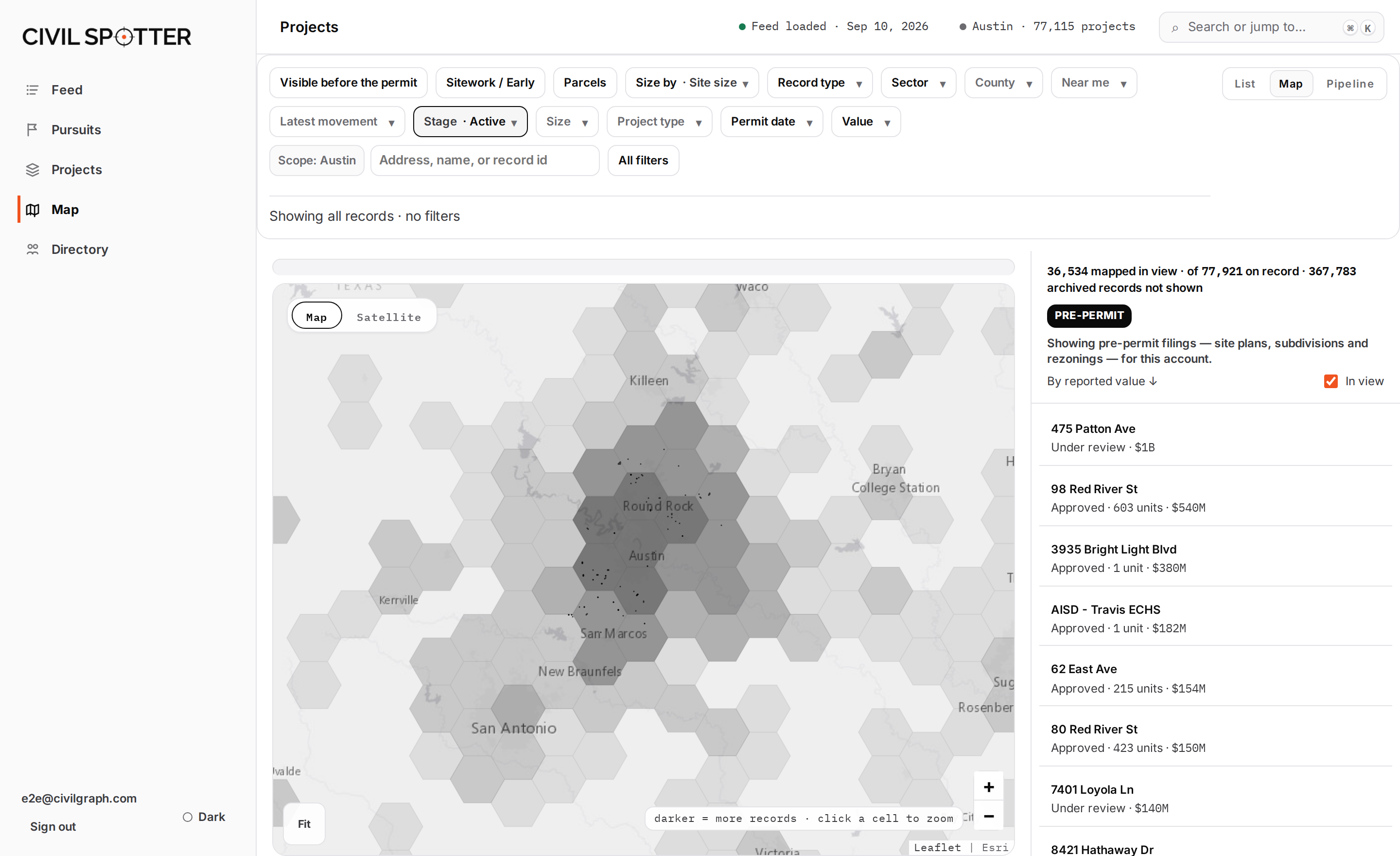 The CivilSpotter map: a restrained basemap clustering active projects across the Austin metro.